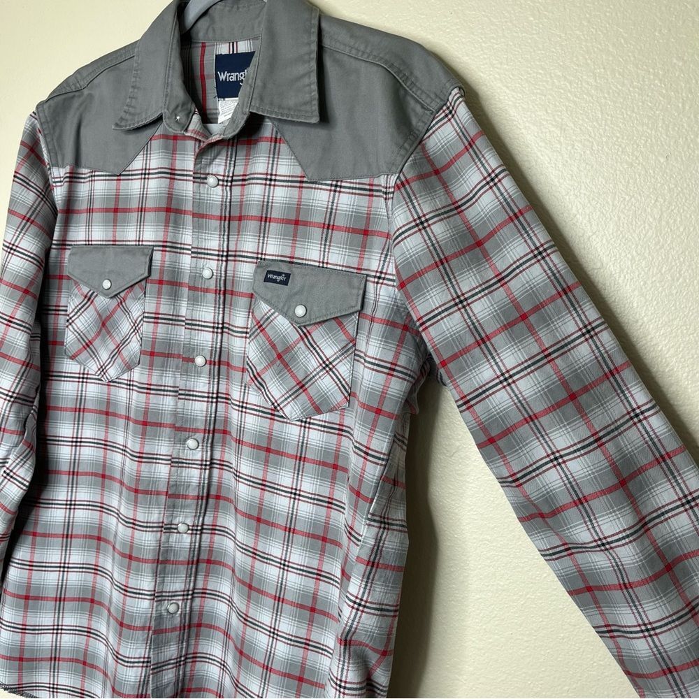 Wrangler Brushpopper Plaid Gray Red Pearl Snap Long Sleeve Shirt Men Size Large - Picture 4 of 13